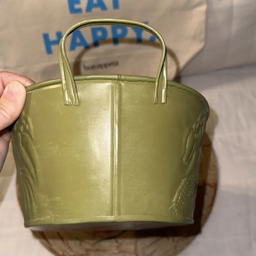 Metal Tin Bowl with Handles Green Fruit Harvest Dented Design